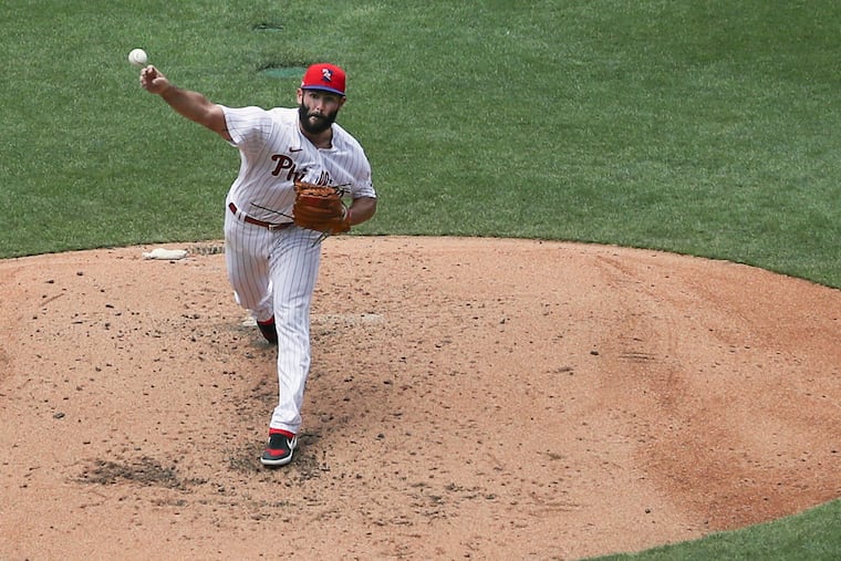 Jake Arrieta pitching in the Phillies' summer camp team scrimmage Sunday at Citizens Bank Park.