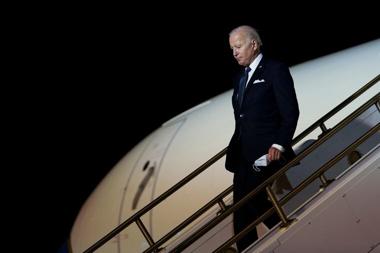 President Joe Biden walks down the steps of Air Force One at Dover Air Force Base, Del., on Thursday, June 2, 2022, as he heads to Rehobeth Beach for the weekend.