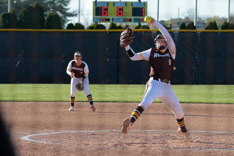 Rowan's Emily McCutcheon pitching against Ramapo on April 17.