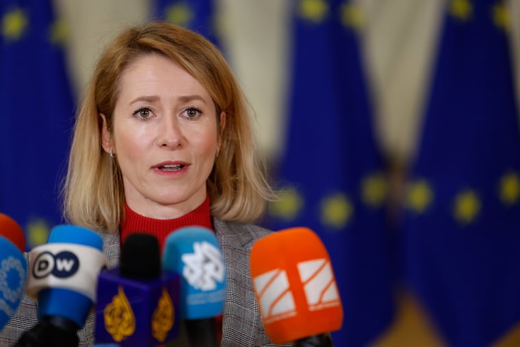 Kaja Kallas, the European Union's foreign policy chief, speaks with reporters before a meeting of EU foreign ministers in Brussels on Thursday.