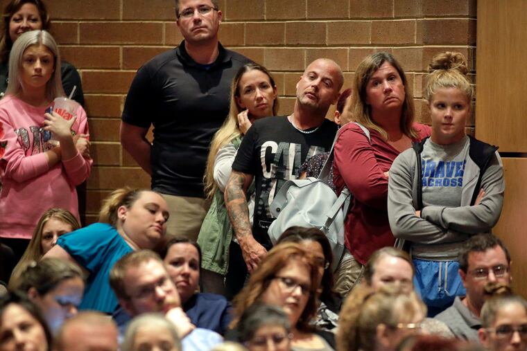 Parents and students fill the 1,020-seat auditorium at Williamstown High during a emergency Monroe Twp school board meeting in Williamstown, NJ on Oct. 9, 2017. Student in Williamstown, NJ will have the week off as the Monroe School District inspects buildings for mold.
