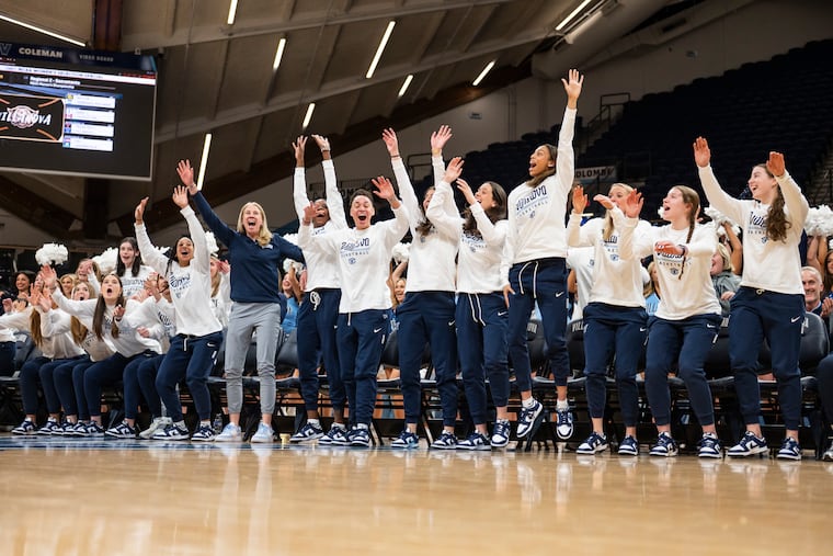 Villanova women’s basketball team cheers after its name is announced in March Madness on Selection Sunday.