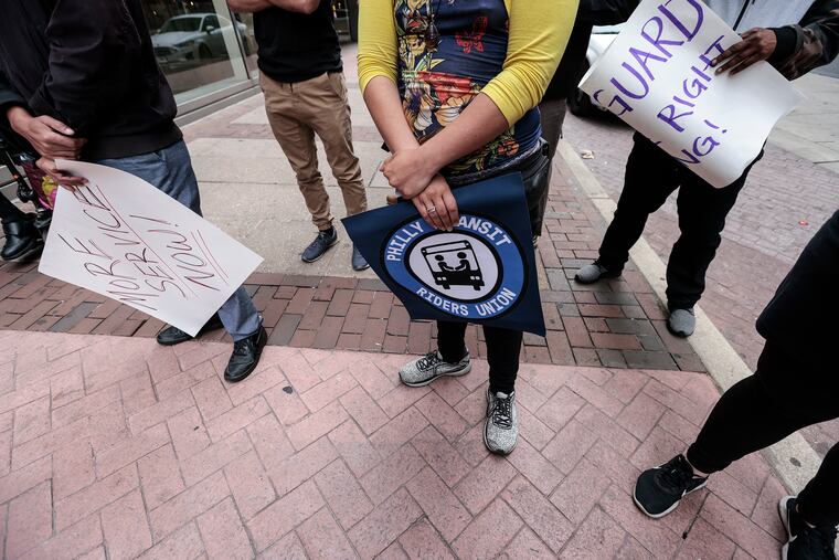 Transit-rider activists speak about service cutbacks and crowded buses at a rally outside SEPTA headquarters in Center City Monday, while the transit agency was holding a virtual budget hearing. They're calling for more service as pandemic restrictions ease. The event was organized by the Philly Transit Riders Union.