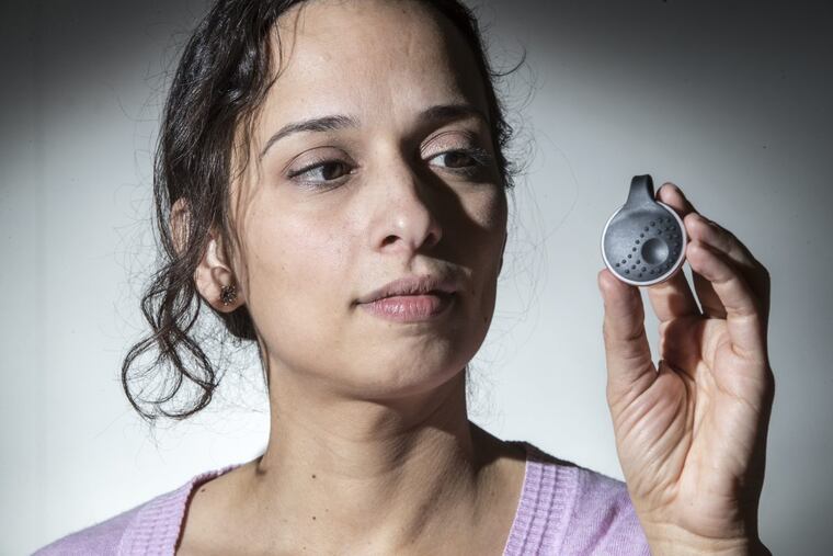 Yasmine Mustafa, a Philadelphia entrepreneur with her product "Athena," a wearable device that allows women to send out a distress call via an app.