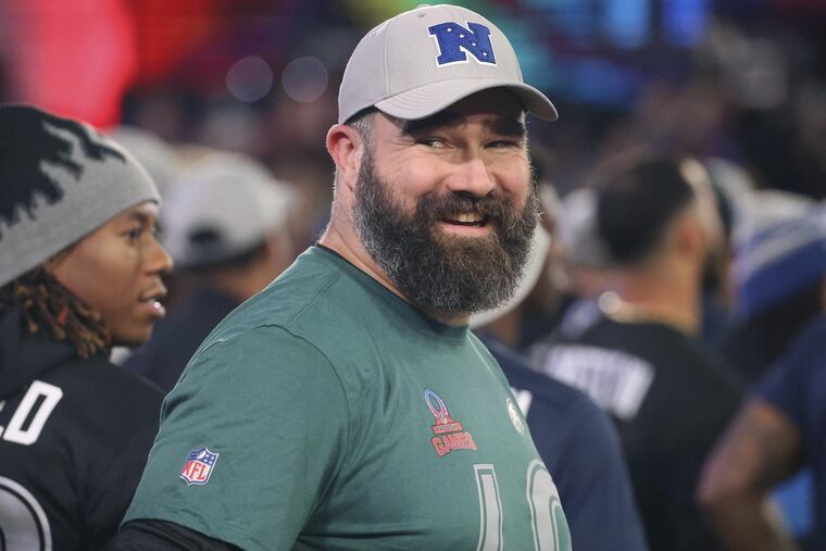 Philadelphia Eagles center Jason Kelce smiles during the Pro Bowl Skills Showdown in Orlando, Fla., on Thursday, Feb. 1, 2024.