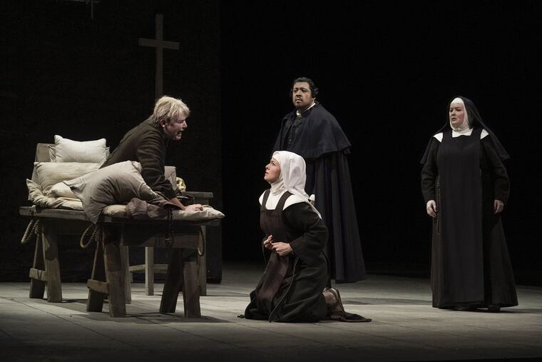 Karita Mattila as Mme. de Croissy, Isabel Leonard as Blanche de la Force, Paul Corona as Javelinot, and Karin Cargill as Mother Marie in Poulenc's "Dialogues des Carmélites."