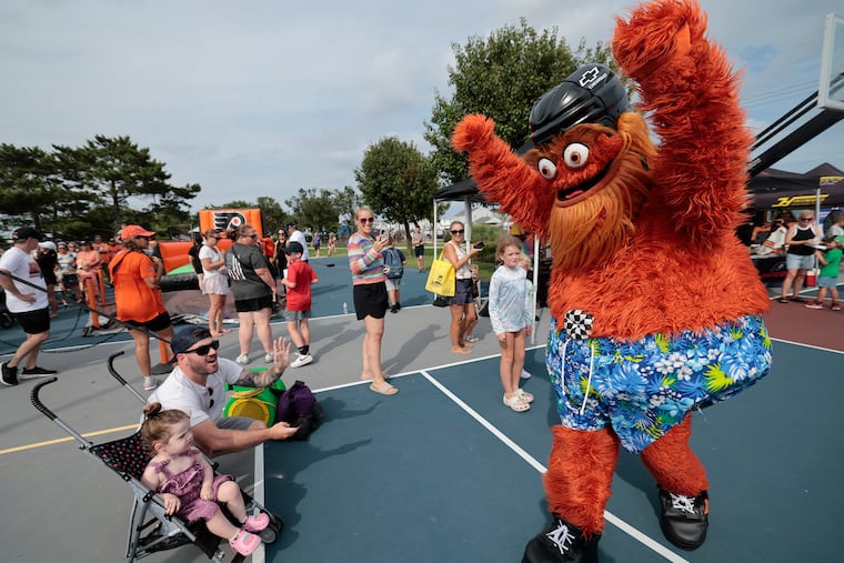 Gritty arrives after the Flyers Community Caravan stopped at the Albert Allen Park in North Wildwood on Wednesday, July 16, 2025.