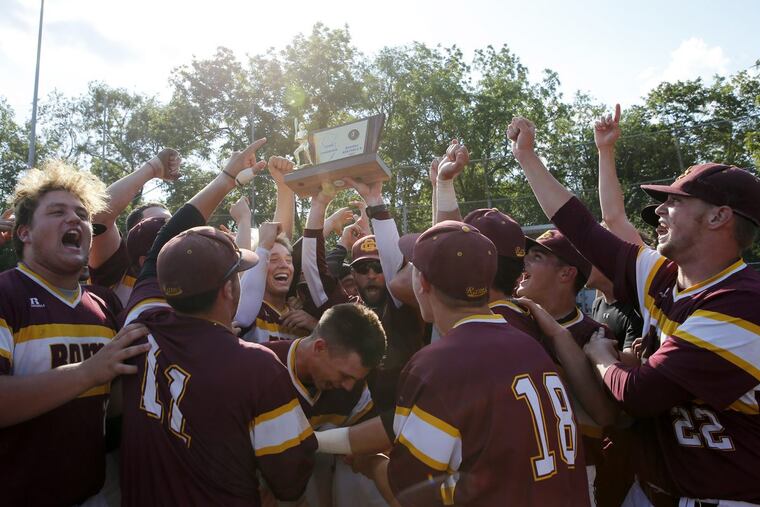Gloucester Catholic High baseball players celebrating after winning the Non-Public B state title last June at Toms River South.