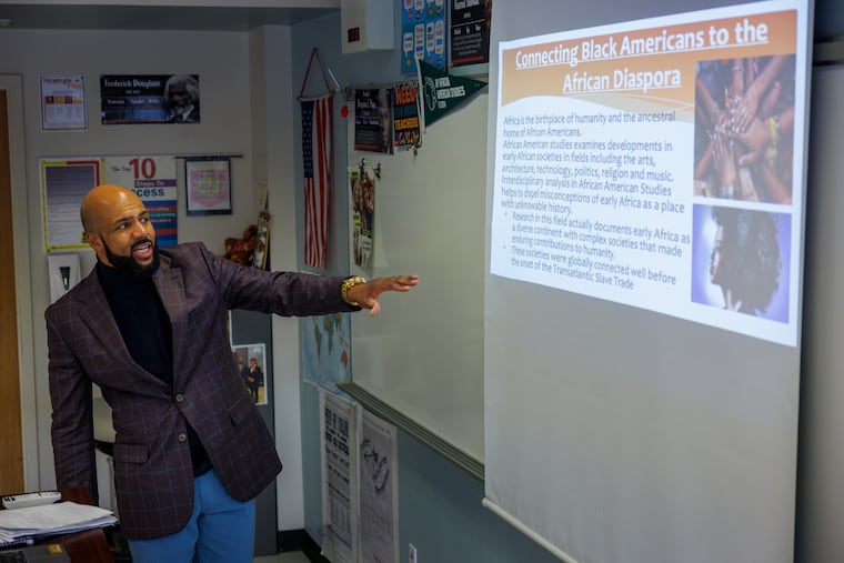 Leon Smith, an AP U.S. History and AP African American Studies teacher, teaches a class at Haverford High School in February.