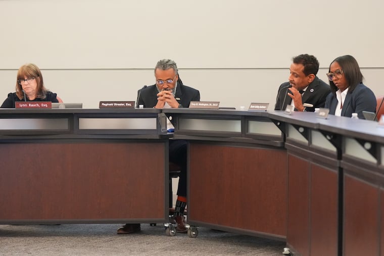 School Board members Lynn Rauch, Reginals Streeter, Superintendent Tony B. Wattlington, and Sarah Ashley Andrews, Board Vice-President, at the school closing vote, in the School District Building, in Philadelphia, April 30, 2026.