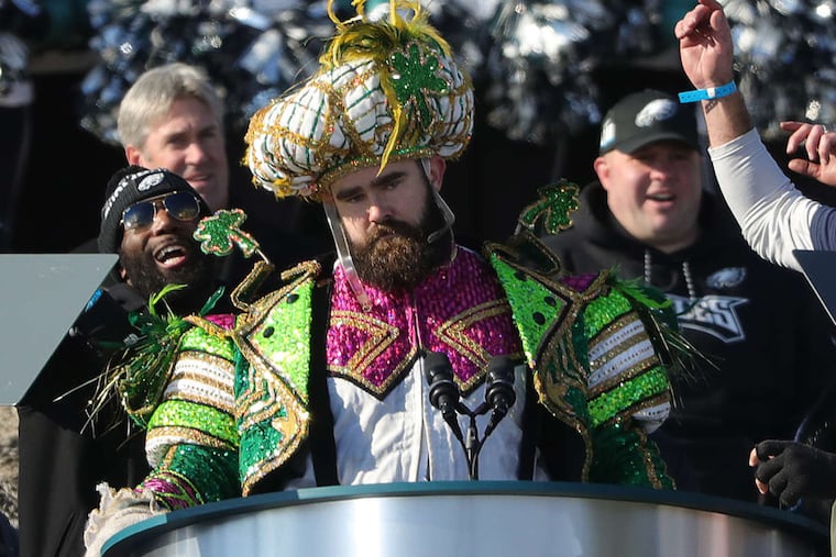 Eagles’ Jason Kelce pauses during his speech at the Eagles Super Bowl celebration at the Art Museum.