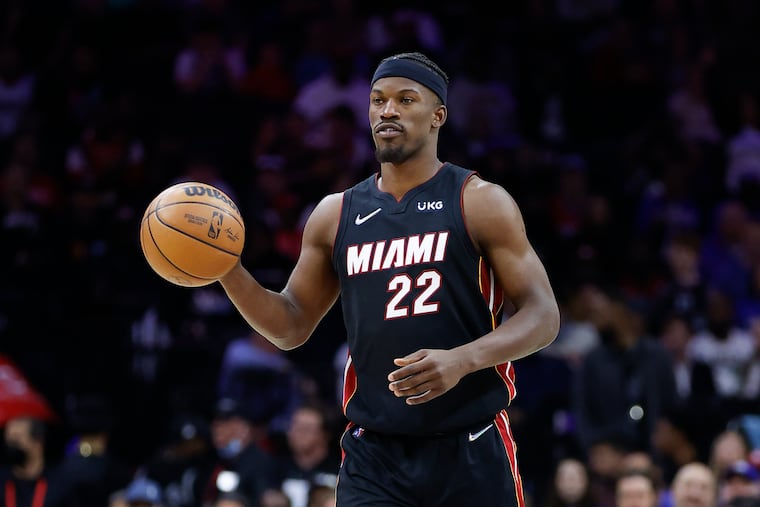 Miami Heat forward Jimmy Butler dribbles the basketball against the Sixers on Monday, March 21, 2022 in Philadelphia.