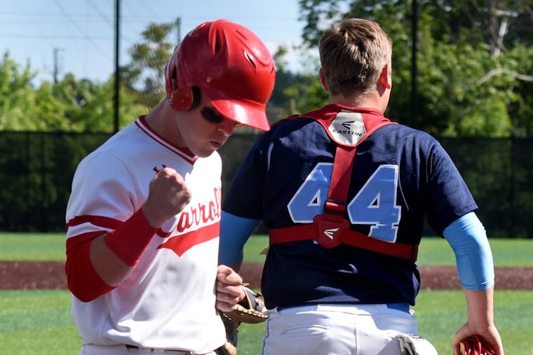 Archbishop Carroll’s Cole Chesnet hit a two-run double in Wednesday’s 4-3 win over St. Joseph’s Prep. Pictured is Chesnet in a game against Father Judge last May.
