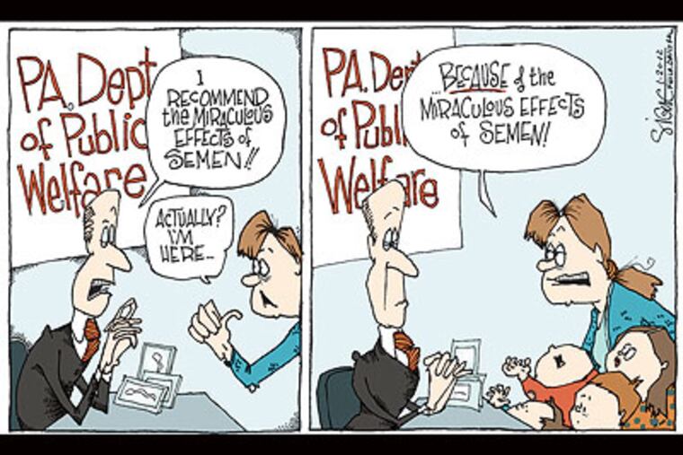 Gov. Tom Corbett doesn't want you to know officials' backgrounds. (Editorial cartoon by Signe Wilkinson)