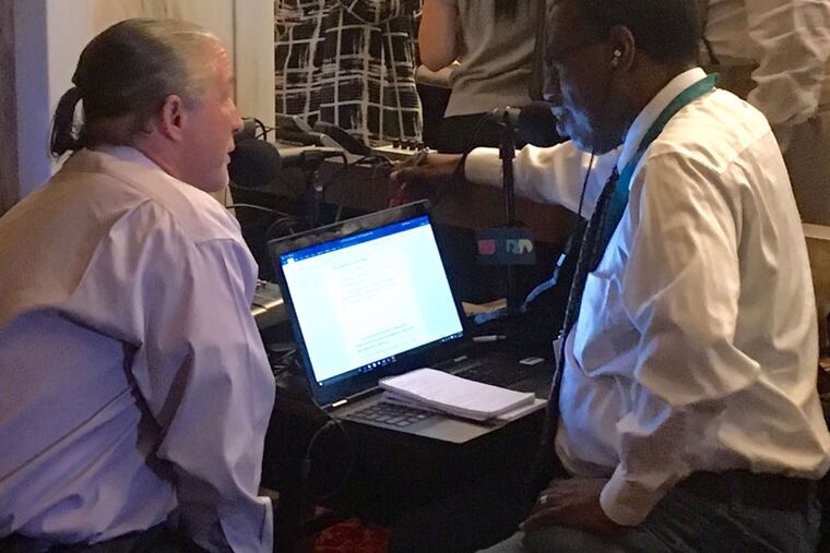 Former Councilman Rick Mariano (left) talks with WURD's Vince Thompson at Thursday's City Council meeting, Sept. 8, 2016