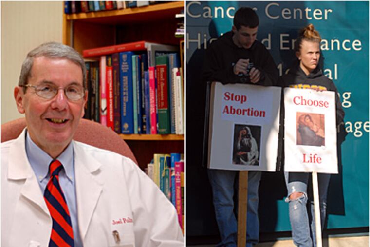 Joel I. Polin, chairman of the Department Obstetrics and Gynecology, in his office at Abington Memorial Hospital. At right, protesters participate in an antiabortion vigil outside the hospital. ( Tom Gralish / Staff )