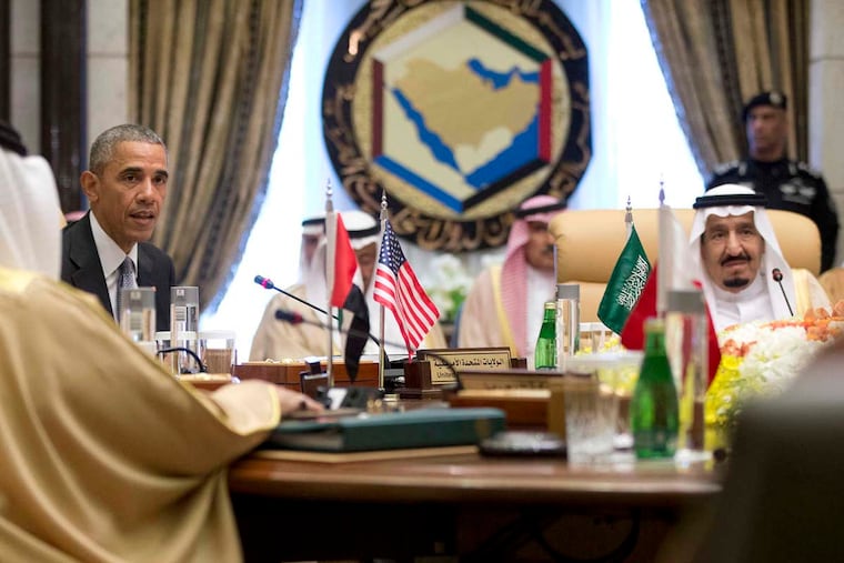 President Obama with Saudi Arabia's King Salman (right). The Obama and Bush administrations have impeded litigation by U.S. plaintiffs as the Saudi kingdom complained that the suit alleging Saudi responsibility for the 9/11 attacks was damaging relations with the U.S.