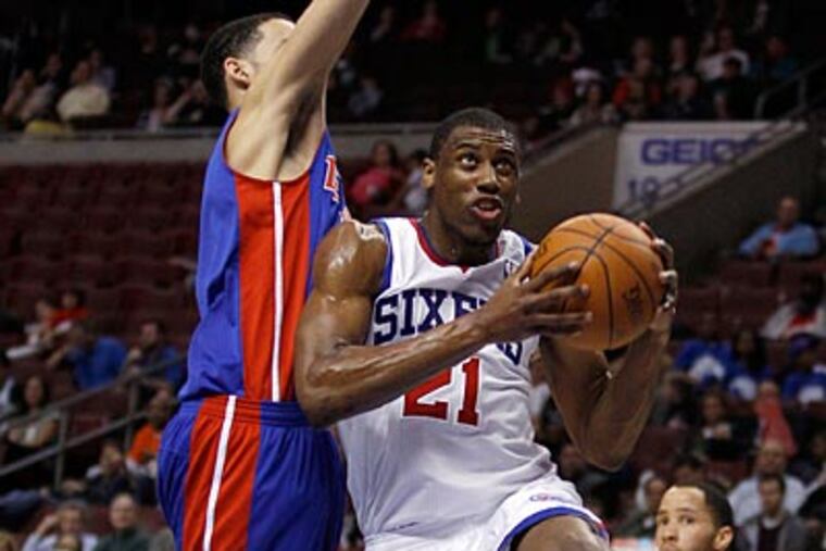 Thaddeus Young goes up for two of his 13 points during the Sixers' 104-100 loss to the Pistons. (Yong Kim/Staff Photographer)