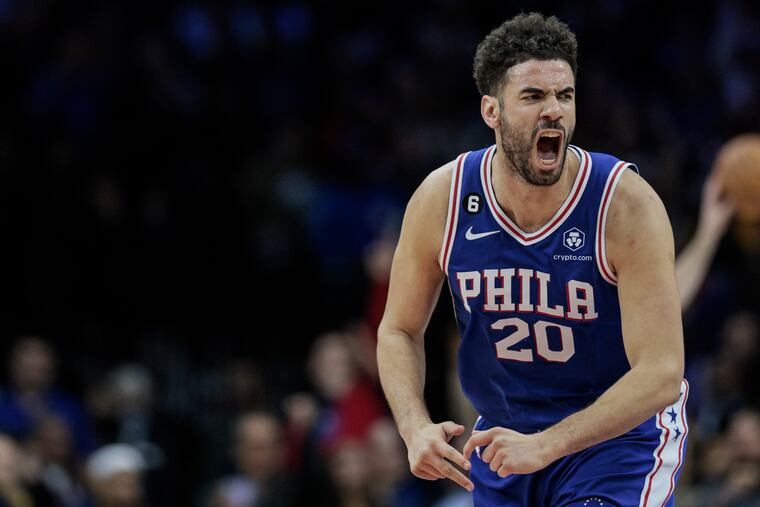 Sixers' Georges Niang celebrates his three pointer against the Pacers during the fourth quarter at the Wells Fargo Center in Philadelphia, Wednesday, January 4, 2023.