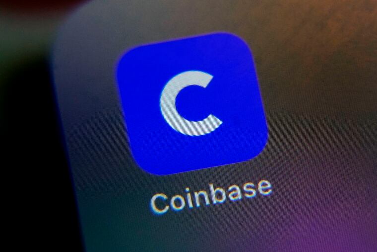 The mobile phone icon for the Coinbase app is shown in this photo in New York in 2021.