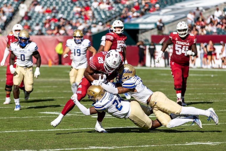 Temple wide receiver Ashton Allen, seen here in previous action against Tulsa, scored a pair of touchdowns, including catching one for 60 yards in the Owls road loss to East Carolina on Saturday.