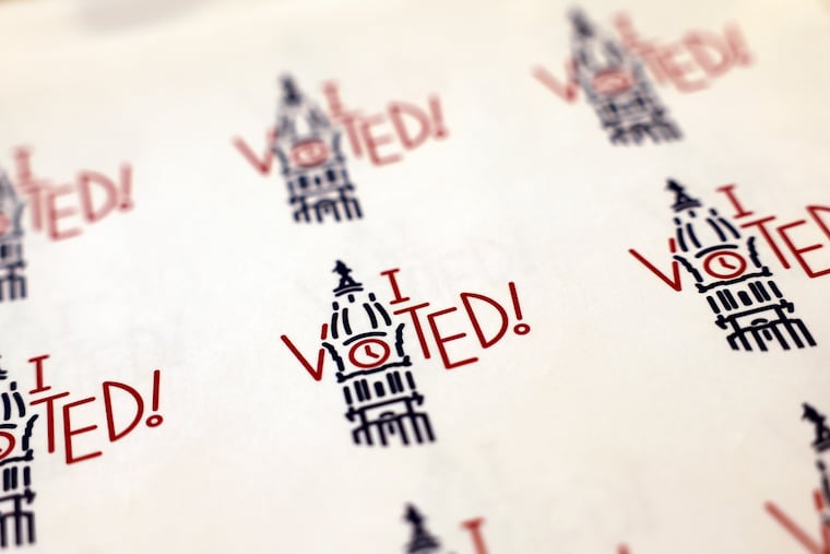 “I VOTED” stickers at a polling place during primary election day in Philadelphia on May 19, 2026.