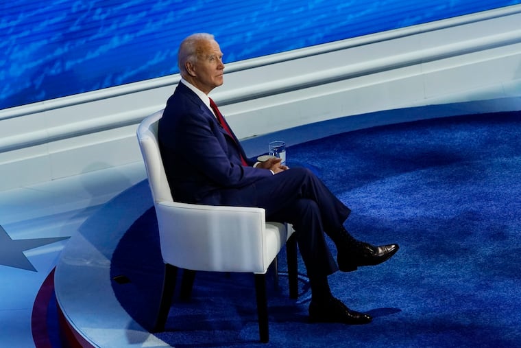 Democratic presidential nominee Joe Biden before the start of an Oct. 15 ABC News town hall at the National Constitution Center in Philadelphia.