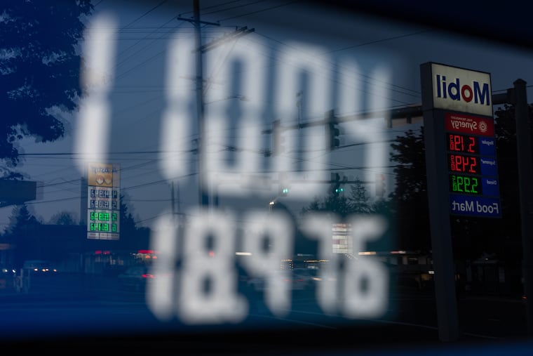 FILE - A display shows $110.04 for gasoline on a fuel pump at a Mobil gas station on Wednesday, April 29, 2026, in Portland, Ore.