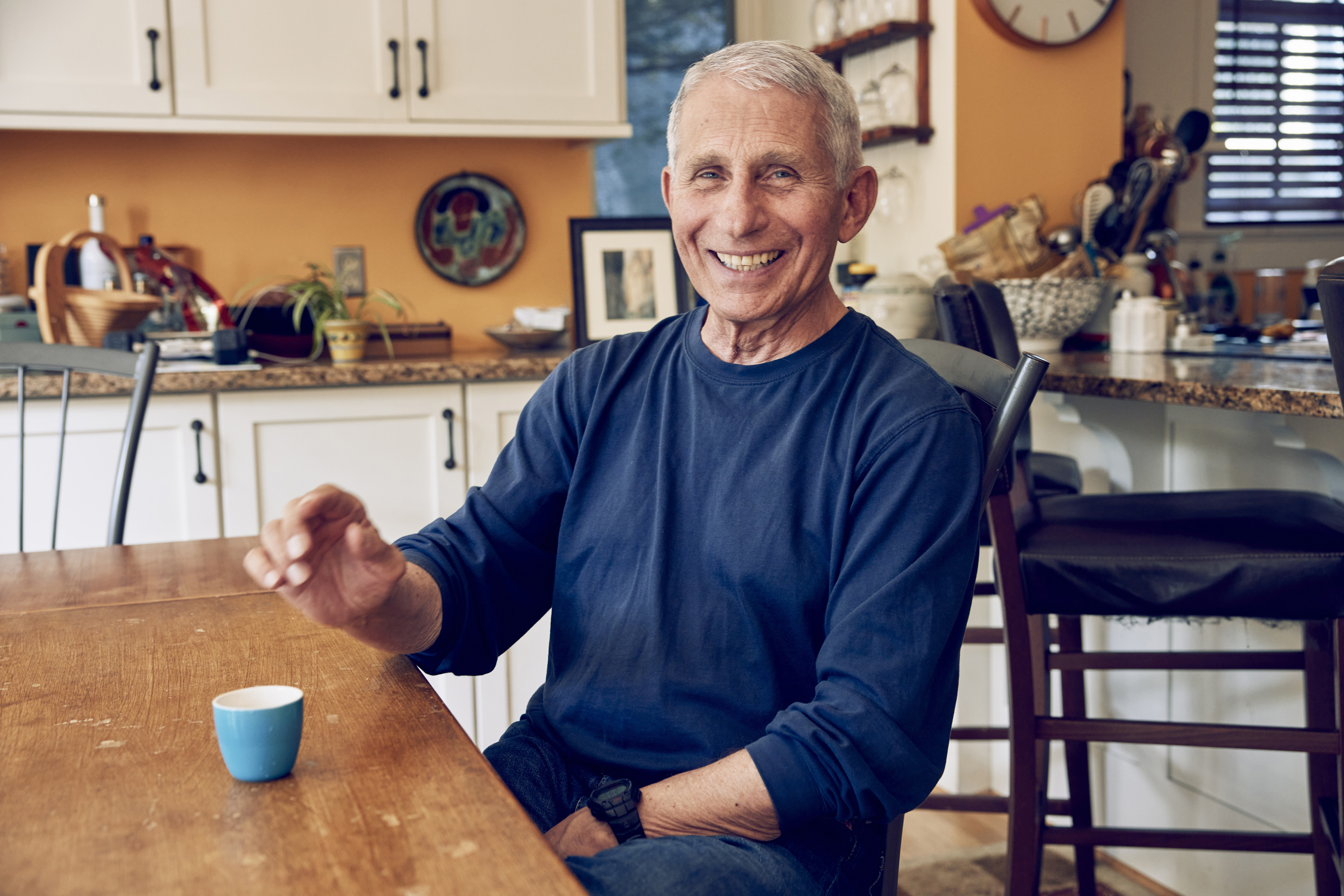 Anthony Fauci relaxing with an espresso in his kitchen.