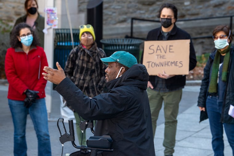 West Philadelphia resident Sid Bolling speaks to students about affordable housing during a rally at the University of Pennsylvania campus in Philadelphia on Tuesday, Dec. 14, 2021. Students and staff rally to demand that Penn make a public statement standing with the residents of the University City Townhomes against the sale and intervene to help stop the sale and protect affordable housing.