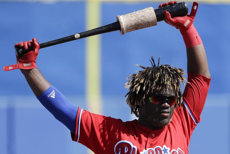 Phillies Odubel Herrera warms-up with his bats against the Toronto Blue Jays in a spring training game at Dunedin Stadium in Dunedin, FL on Wednesday, February 28, 2018.