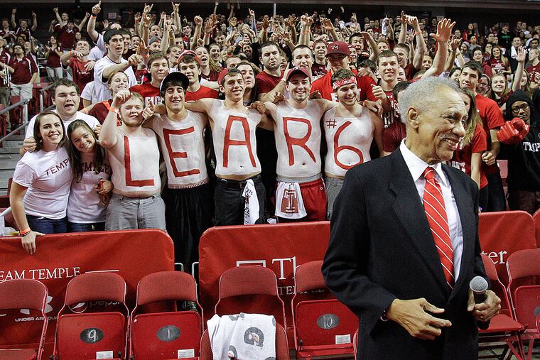Temple great Hal Lear hangs with the students after his number jersey was retired in 2013.