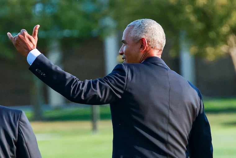 Former President Barack Obama greets guests as he attends to receive the 2024 Sylvanus Thayer Award from the West Point Association of Graduates during ceremonies hosted by the U.S. Military Academy, at West Point, Thursday, Sept. 19, 2024, in New York.