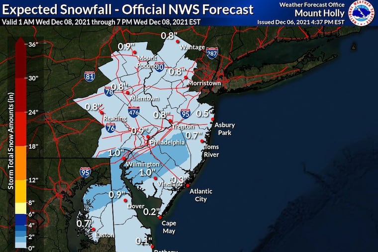 No need to send in the plows yet. Here's the snow forecast map for Wednesday.
