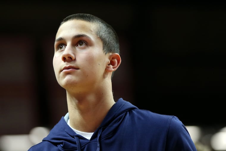 Shawnee junior Pat Kernan walking off the court for halftime during the 2018 Group 4 state championship game against Newark East Side at Rutgers.