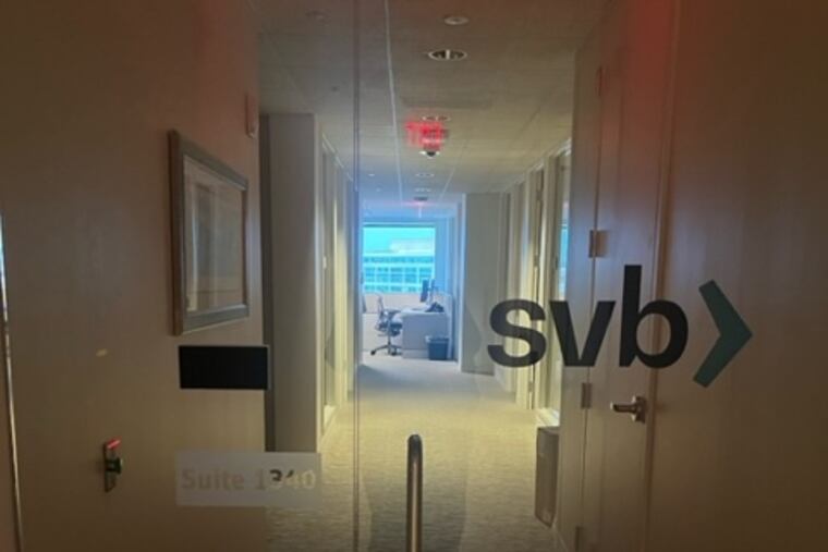 Entrance to Silicon Valley Bank's West Conshohocken, Pa. office. The bank was shut by California regulators and the Federal Reserve on March 10, and bailed out by the national, banks-funded deposit insurance system by order of the U.S. government on March 12. Silicon Valley handled cash raised hundreds of software and biotech companies backed by venture capital firms, and demanded these start-up companies keep their funds on deposit, even though only the first $250,000 was insured. That left the bank, the investors and the software and biotech companies vulnerable to expensive losses, before the government stepped in