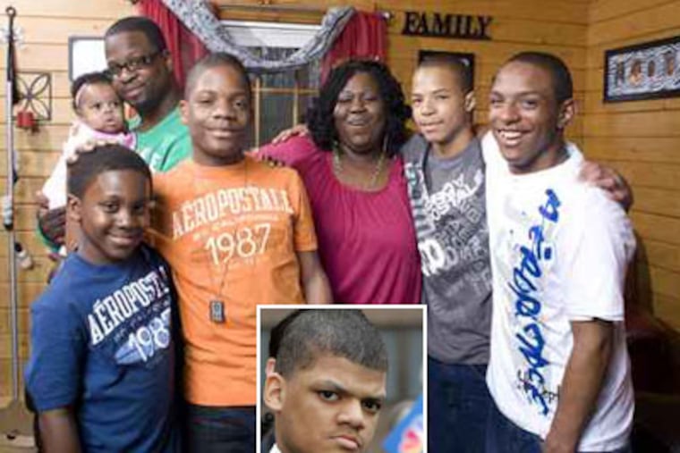 Seven years after four starving Collingswood brothers made headlines, three are with the Parrish family: (from left) C.J., 10; father James, with granddaughter; adoptees Terrell, Michael, and TreShawn. None have contact with Bruce (inset).
