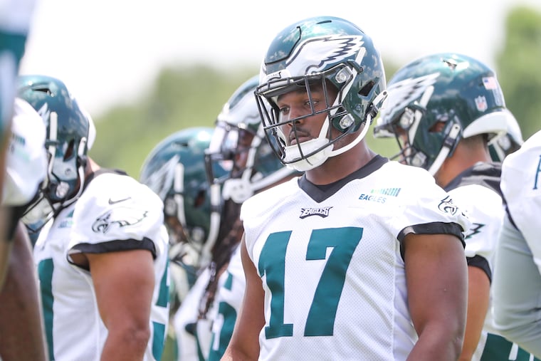 Eagles’ linebacker Nakobe Dean (17) during OTAs at the NovaCare Complex in Philadelphia on Wednesday, June 8, 2022.