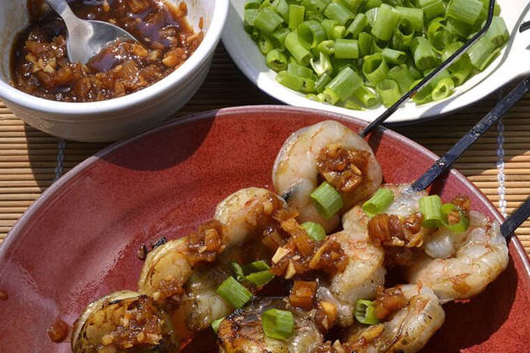 Shrimp with rhubarb glaze. (Larry Roberts/Pittsburgh Post-Gazette/TNS)