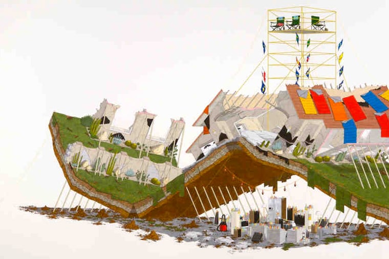 "California Ten," a work by Ben Peterson in ink and graphite on paper that is part of PAFA's "Urbanism" exhibition. Everything is in flux, even the Earth itself, which cracks and vaults to create a makeshift shelter.