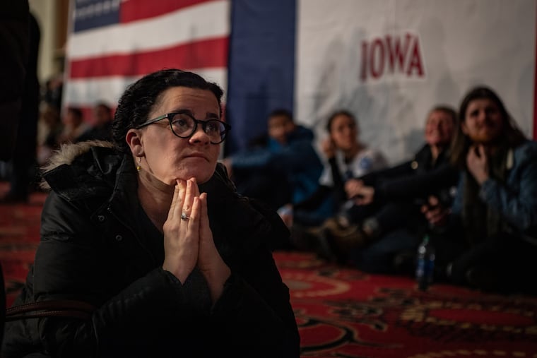 Mackenzie Mcilmail watches TV as she waits for results of the Iowa caucuses in Des Moines, on Monday, Feb. 3, 2020. Washington Post photo by Salwan Georges.