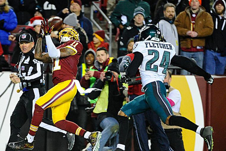 Redskins wide receiver DeSean Jackson makes a reception as Eagles cornerback Bradley Fletcher defends. (Brad Mills/USA Today Sports)