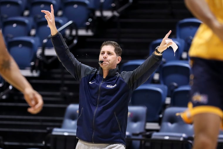 Drexel Men's basketball head coach Zach Spiker watches practice at the Daskalakis Athletic Center in Philadelphia.