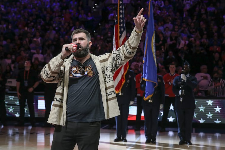 Eagles Jason Kelce singing the national anthem before the Sixers-Nuggets game at the Wells Fargo Center after $100,000 was raised for Connor Barwin's Make the World Better Foundation. Monday, March 14, 2022.