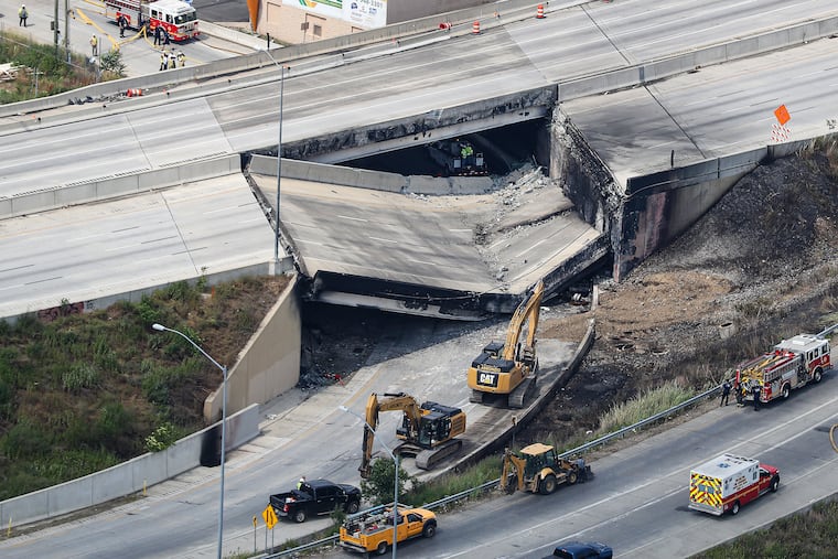 A view of the collapsed portion of I-95 near the Cottman Avenue exit in Northeast Philadelphia on Sunday.
