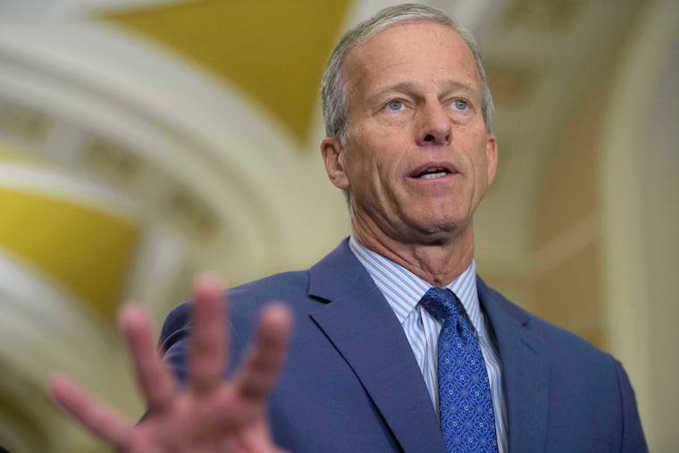 Senate Majority Leader John Thune speaks during a news conference at the Capitol on Tuesday. The Republican questioned whether the Sebate should prioritize the war powers resolution.
