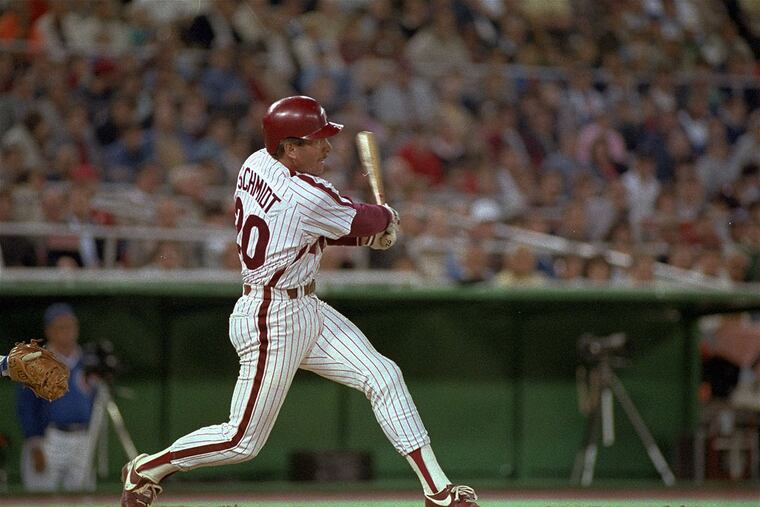 Mike Schmidt hits his 496th home run of his career during the Phillies' home opener in 1987 at Veterans Stadium.