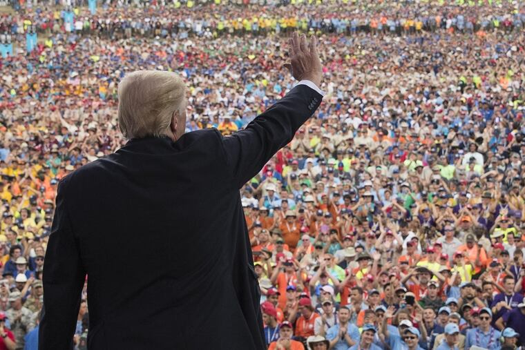 President Trump waves to the crowd after speaking at the 2017 National Scout Jamboree in Glen Jean, W.Va., on July 24.