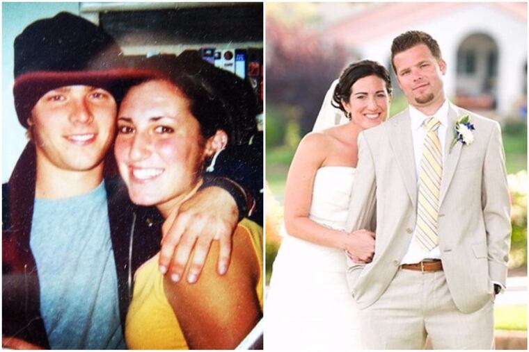 Harrison Lowry and Tina Lowry, left: she was Tina DiFerdinando when they met in 2001. Right, the Lowrys at their wedding. The two began their relationship on AIM, which is shutting down Friday.
