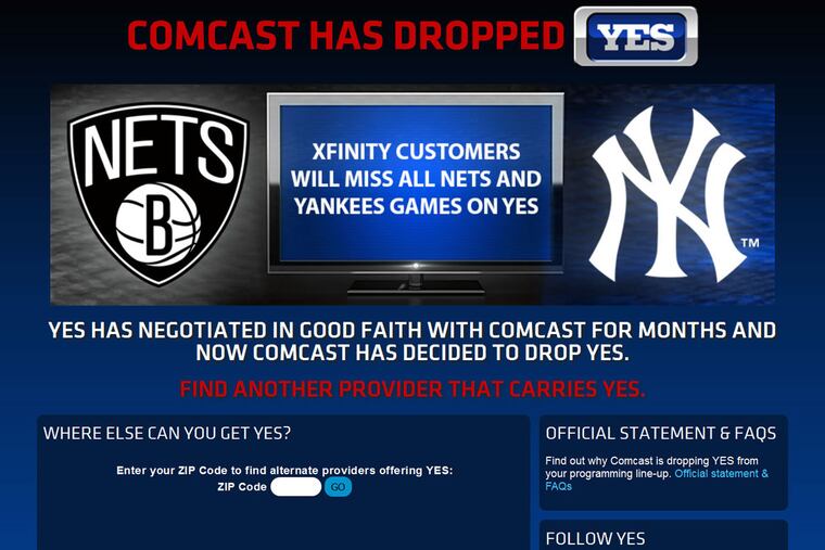 The YES Network’s website includes a notification to Comcast viewers that they will lose access to Yankees and Nets games.
